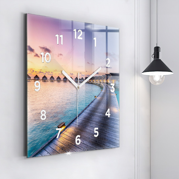 Square glass wall clock Sunset Maldives