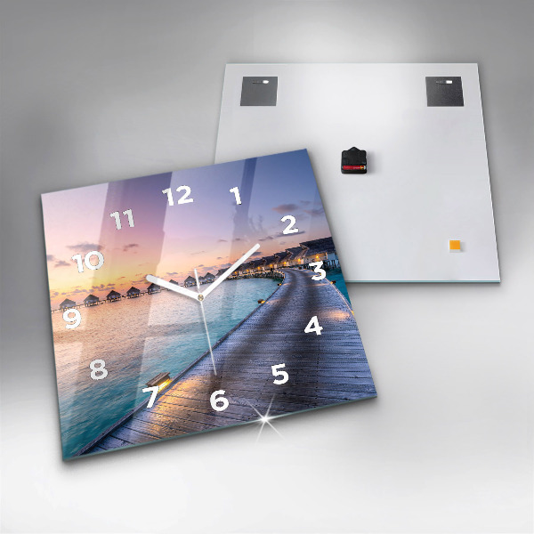 Square glass wall clock Sunset Maldives