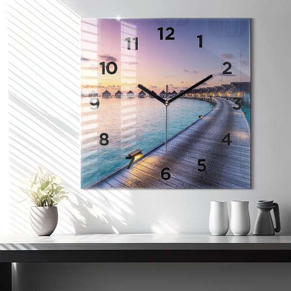 Square glass wall clock Sunset Maldives