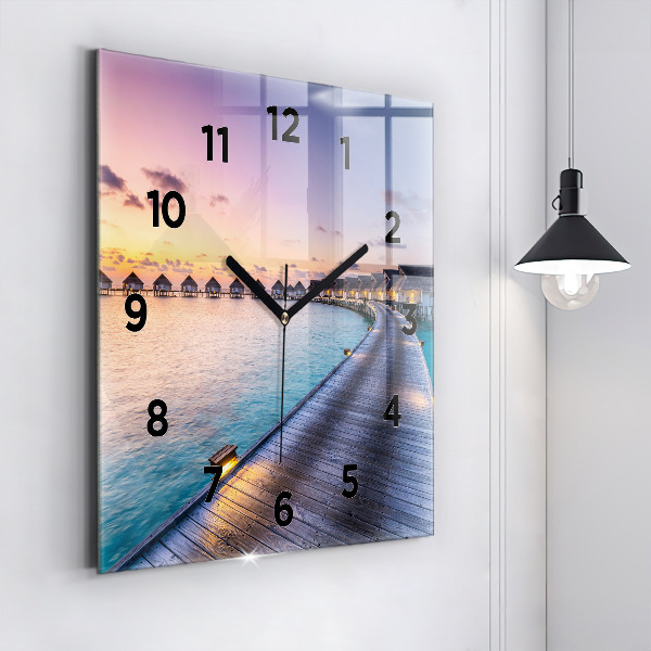 Square glass wall clock Sunset Maldives