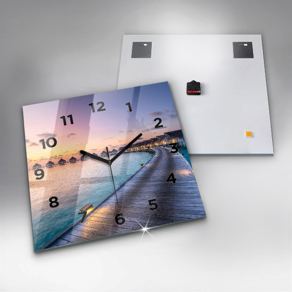 Square glass wall clock Sunset Maldives