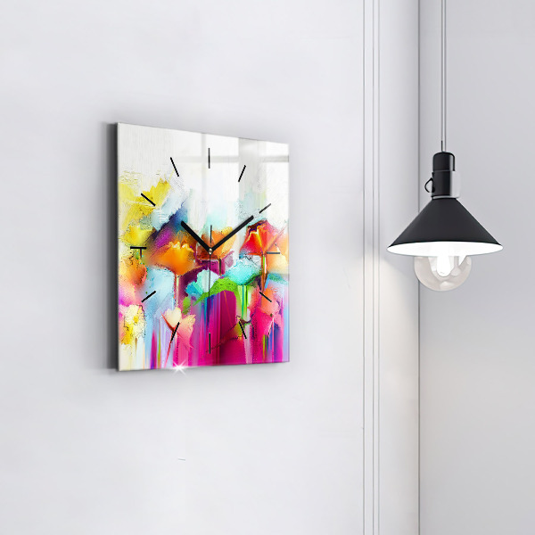 Square glass wall clock Abstract flowers