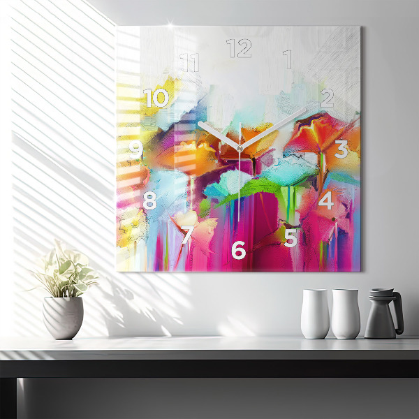Square glass wall clock Abstract flowers