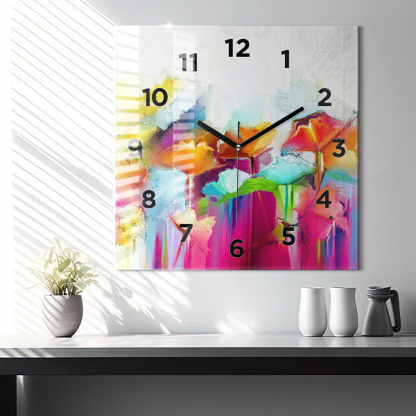 Square glass wall clock Abstract flowers