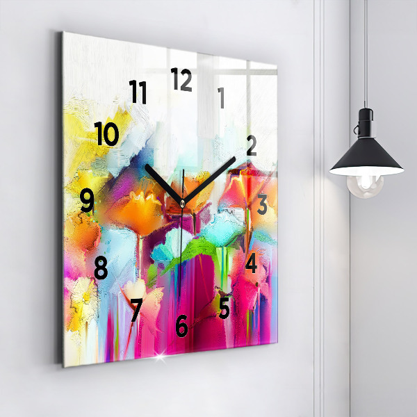 Square glass wall clock Abstract flowers