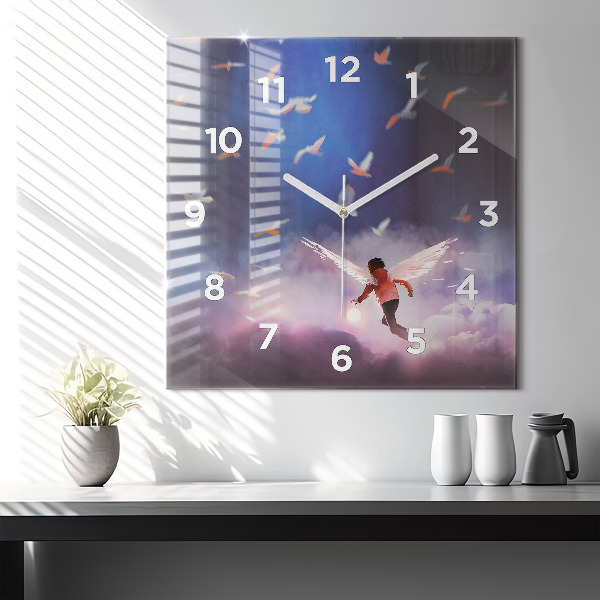 Square glass wall clock Boy with wings