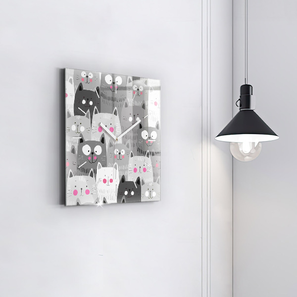 Square glass wall clock Pattern with cats