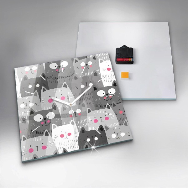Square glass wall clock Pattern with cats