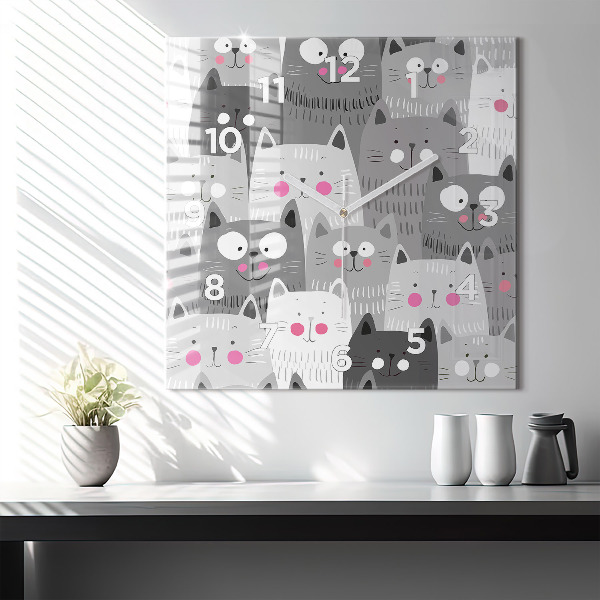 Square glass wall clock Pattern with cats
