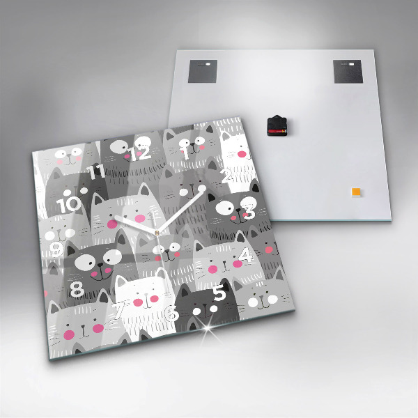 Square glass wall clock Pattern with cats