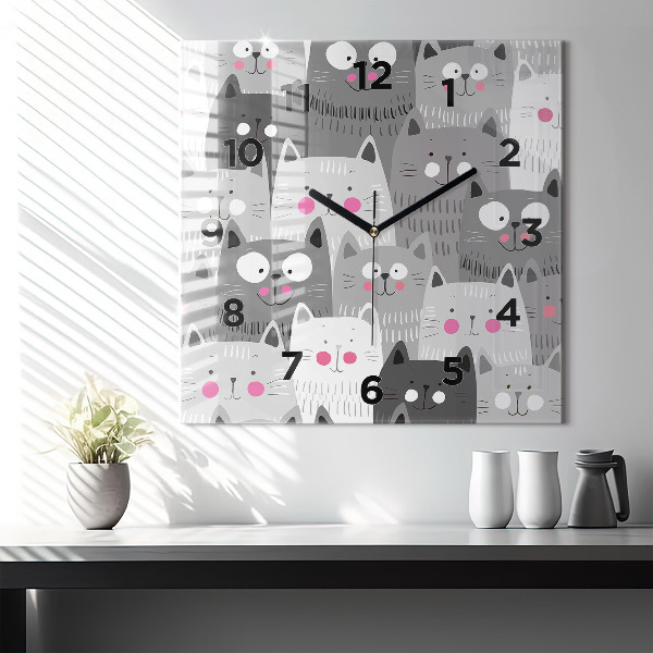 Square glass wall clock Pattern with cats