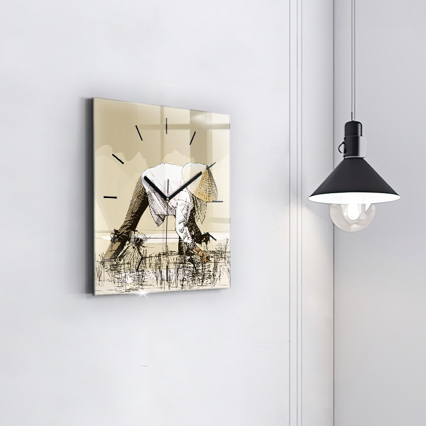 Square glass wall clock Woman picking rice