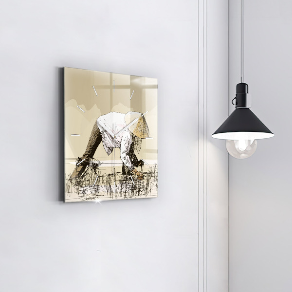 Square glass wall clock Woman picking rice