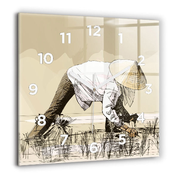 Square glass wall clock Woman picking rice