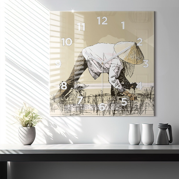 Square glass wall clock Woman picking rice