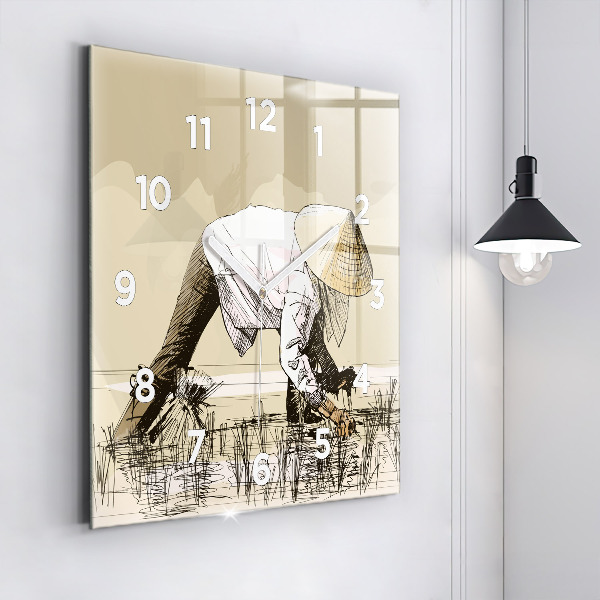 Square glass wall clock Woman picking rice