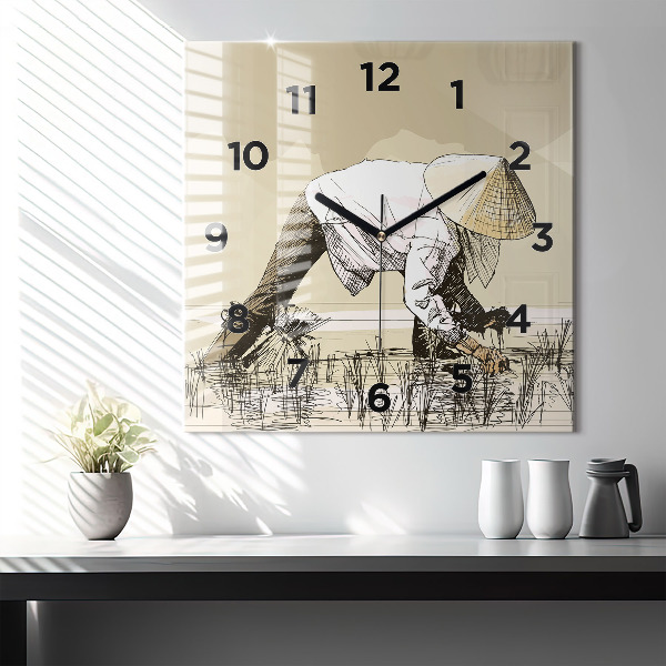 Square glass wall clock Woman picking rice