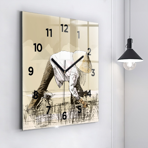 Square glass wall clock Woman picking rice
