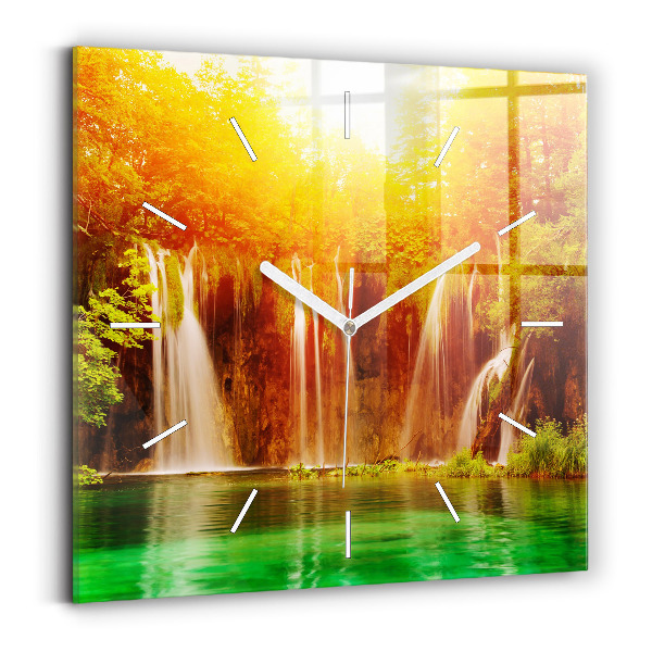 Square glass wall clock View of the waterfall