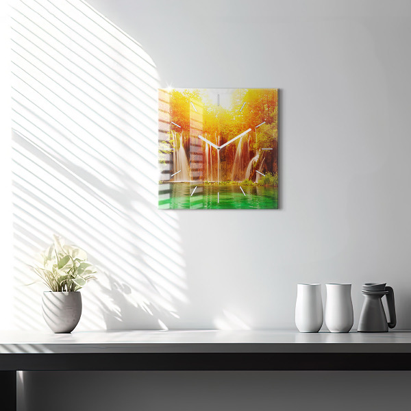 Square glass wall clock View of the waterfall