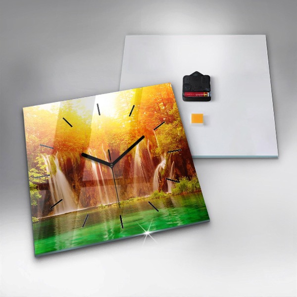 Square glass wall clock View of the waterfall