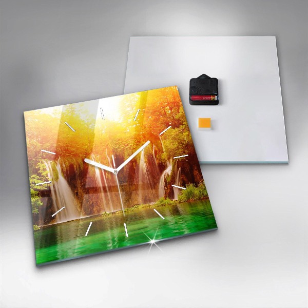 Square glass wall clock View of the waterfall