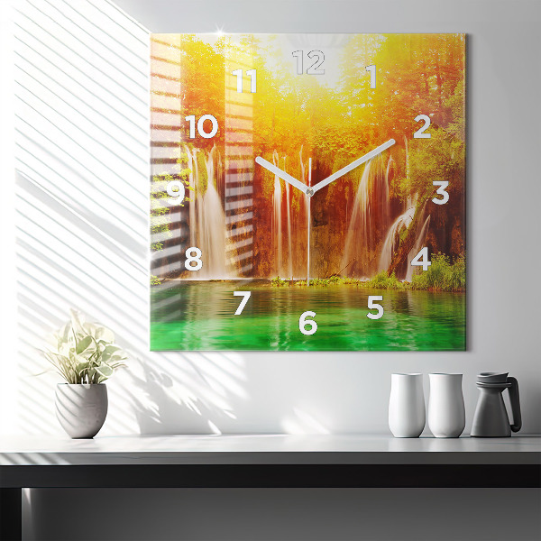 Square glass wall clock View of the waterfall