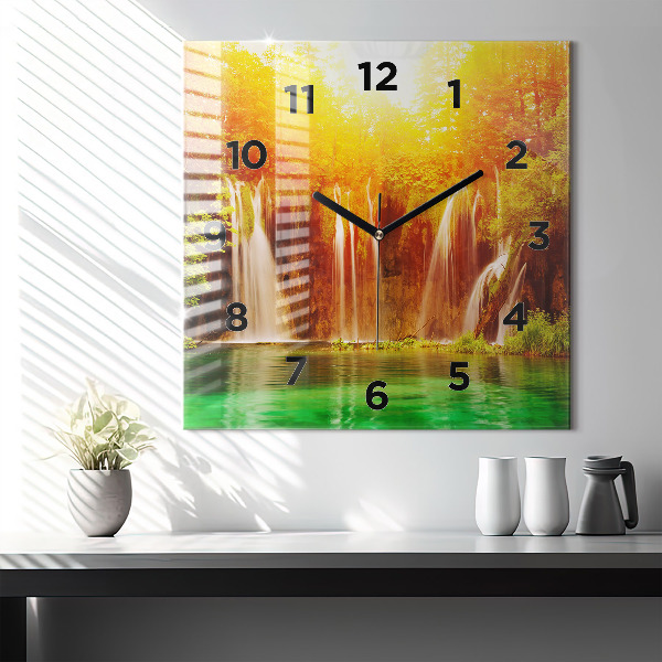 Square glass wall clock View of the waterfall