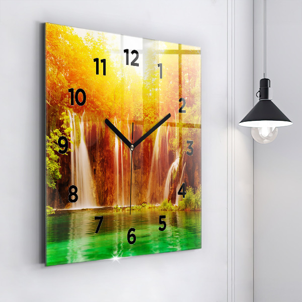 Square glass wall clock View of the waterfall