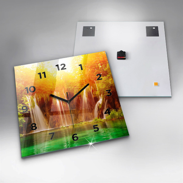 Square glass wall clock View of the waterfall