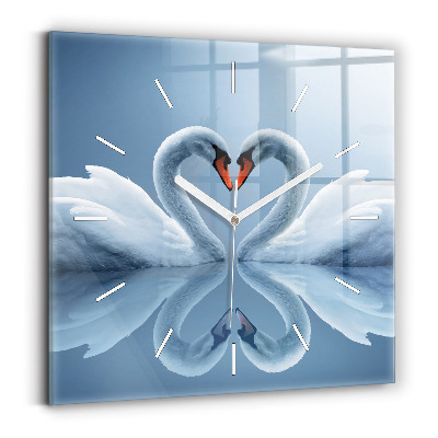 Square glass wall clock Swans in the heart