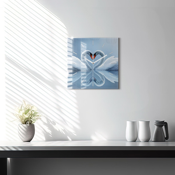 Square glass wall clock Swans in the heart