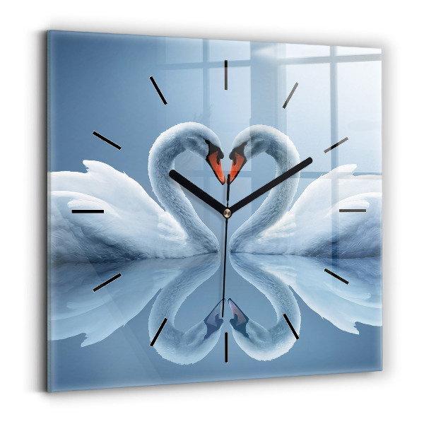 Square glass wall clock Swans in the heart