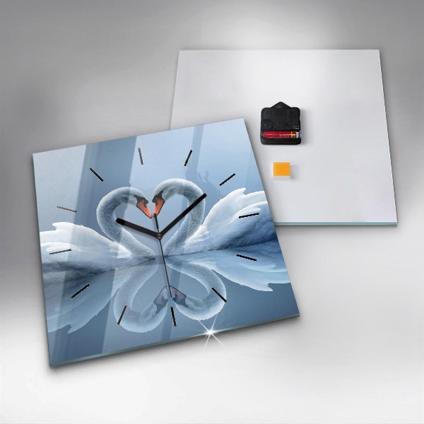 Square glass wall clock Swans in the heart