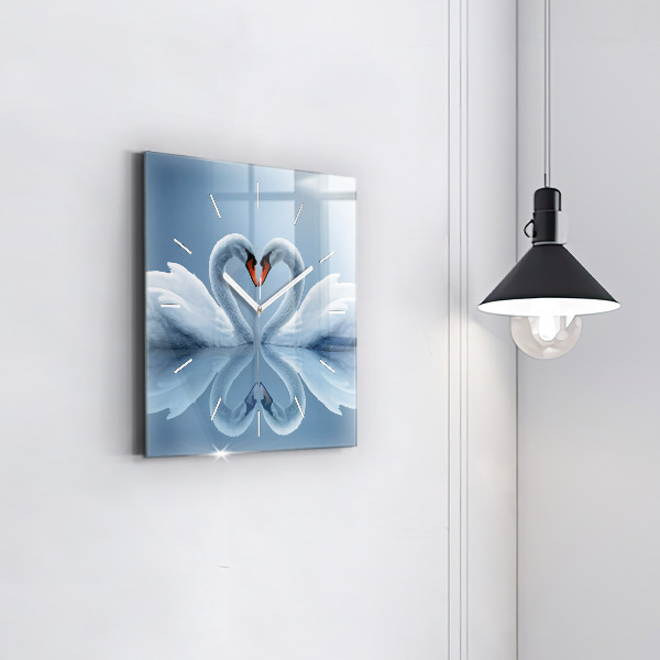 Square glass wall clock Swans in the heart
