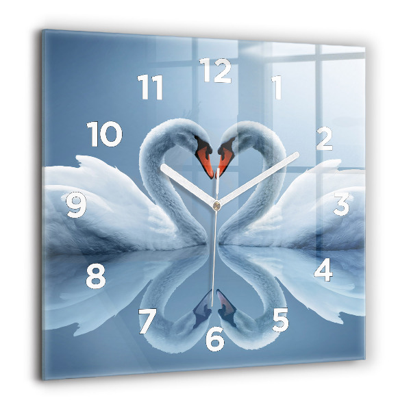 Square glass wall clock Swans in the heart