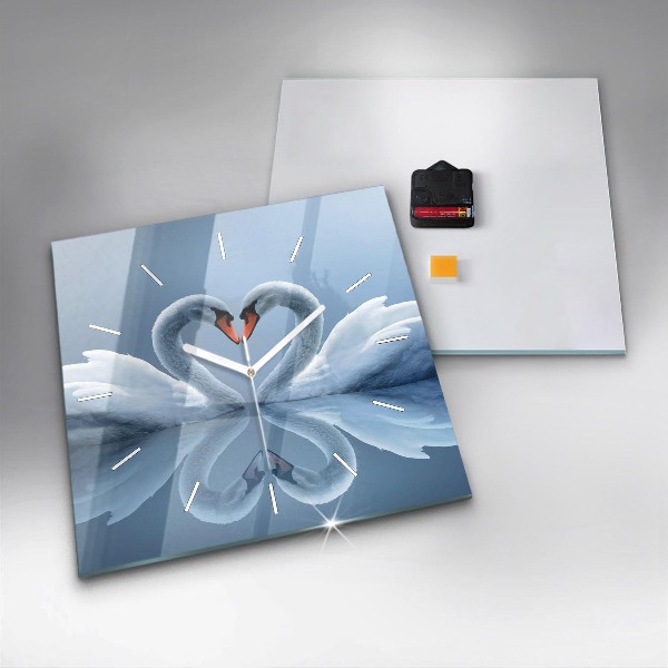 Square glass wall clock Swans in the heart