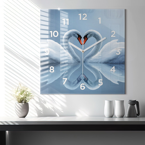 Square glass wall clock Swans in the heart