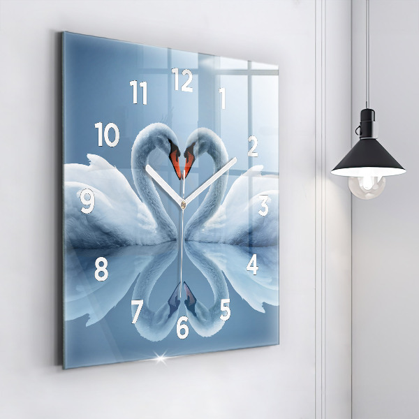 Square glass wall clock Swans in the heart