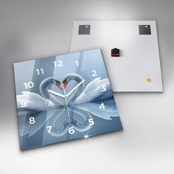 Square glass wall clock Swans in the heart