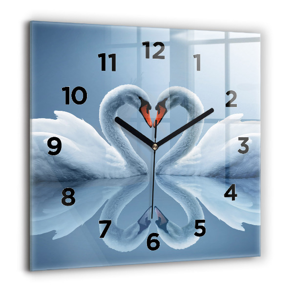 Square glass wall clock Swans in the heart
