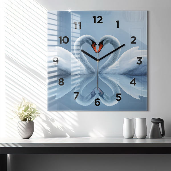 Square glass wall clock Swans in the heart