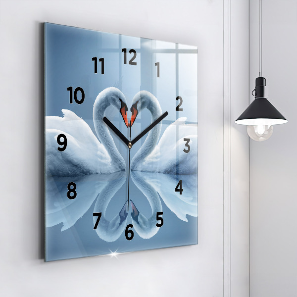 Square glass wall clock Swans in the heart
