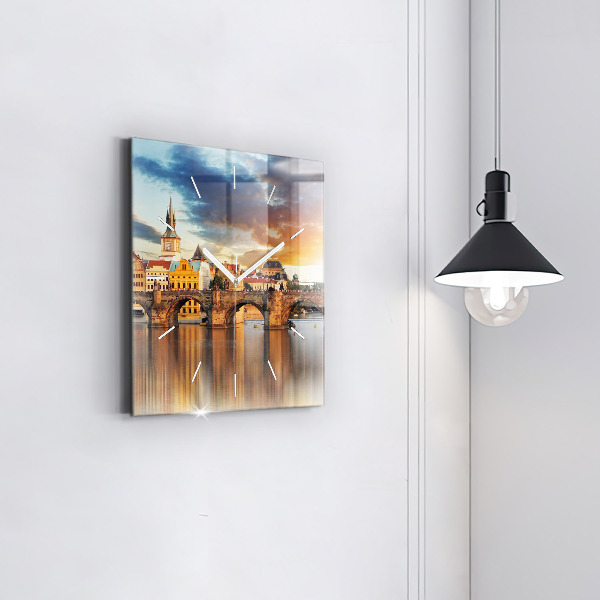 Square glass wall clock Panorama over the river