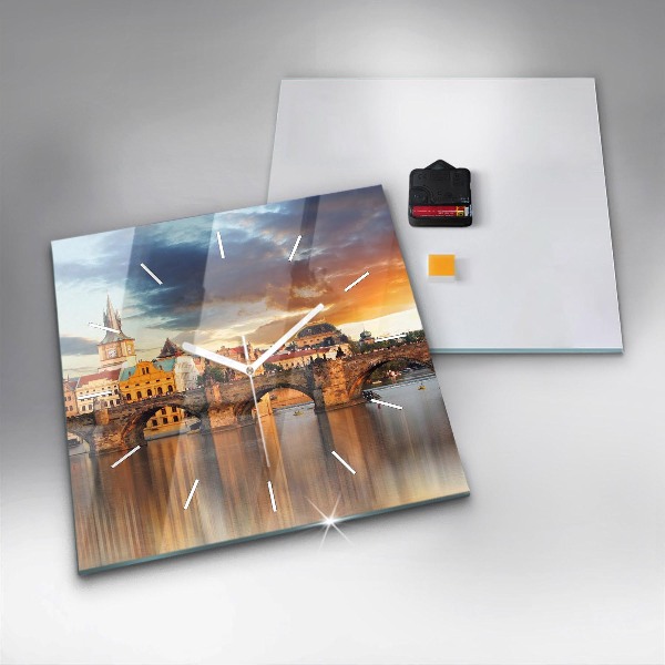 Square glass wall clock Panorama over the river