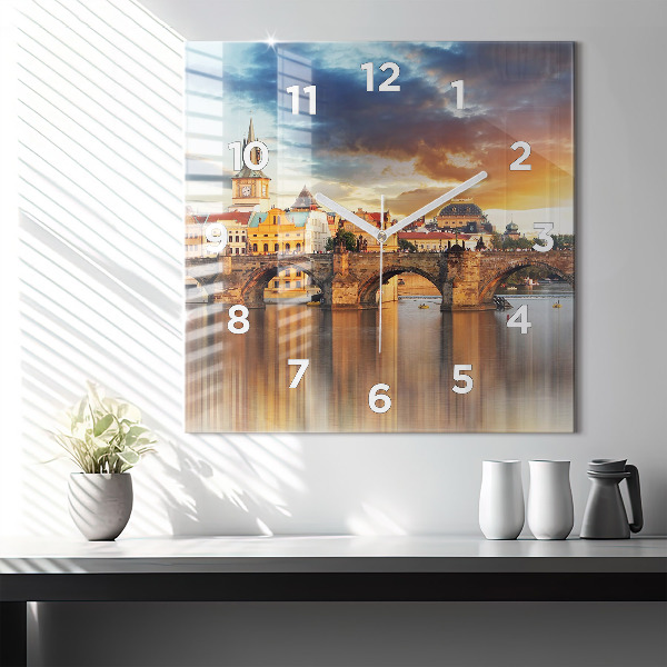 Square glass wall clock Panorama over the river