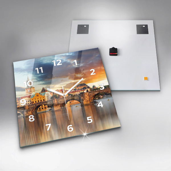 Square glass wall clock Panorama over the river