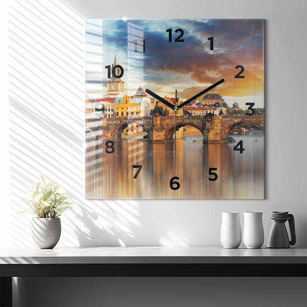 Square glass wall clock Panorama over the river