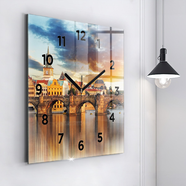Square glass wall clock Panorama over the river