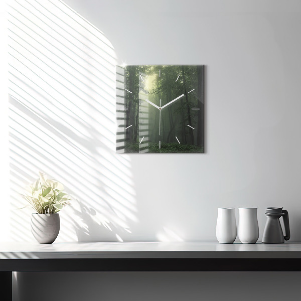 Square glass wall clock Misty forest in the morning